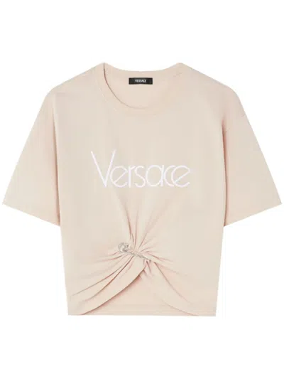 Versace Cropped T-shirt With Twist Detail And Safety Pin Logo In Neutrals