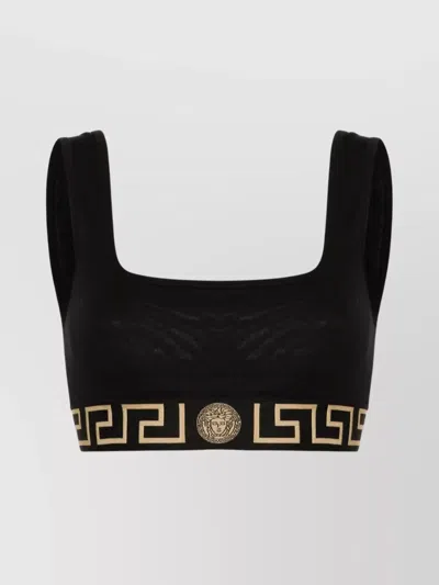 Versace Cropped Top Square Neckline Bi-stretch Cotton In Black