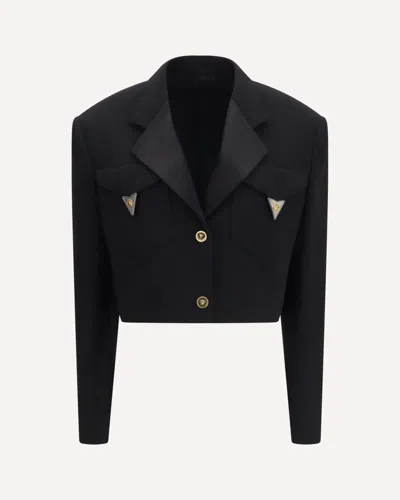 Versace Cropped Wool Blazer In Black