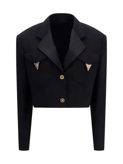 Versace Merino Wool Cropped Blazer In Black