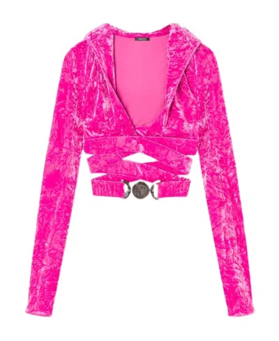 VERSACE VERSACE MEDUSA PLAQUE CROSSOVER VELVET TOP