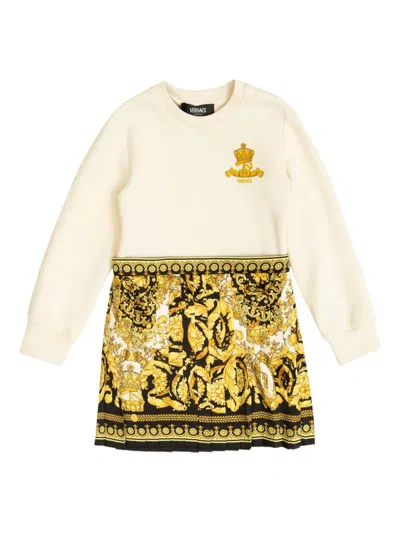 Versace Kids' Crown-embellished Pleated Dress In Neutral