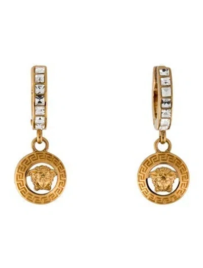 Pre-owned Versace Crystal & Enamel Medusa Drop Earrings In Multi