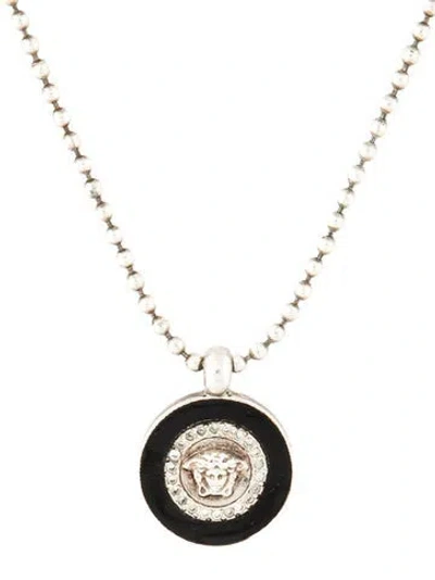 Pre-owned Versace Crystal & Enamel Medusa Pendant Necklace, 18.5" In Black
