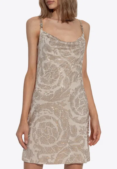 Versace Crystal Barocco Mini Dress In Beige