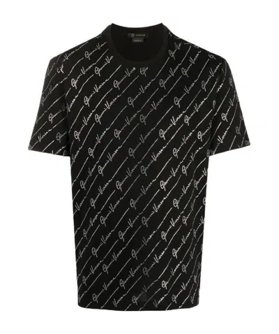 Versace Crystal Decorated Logo Inlaid T-shirt In Black
