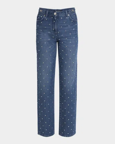 Versace Crystal Denim Straight-leg Pants In Medium Blue