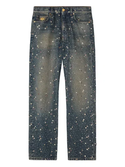 Versace Crystal-embellished Jeans In Blue