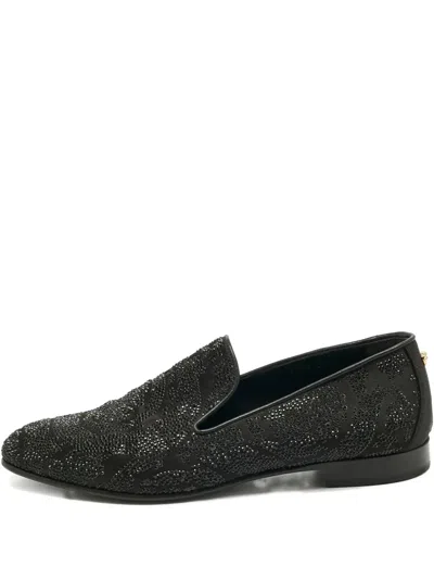 Pre-owned Versace Crystal-embellished Loafers In Black