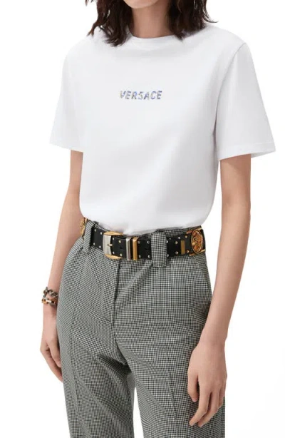 Versace Crystal Embellished Logo Cotton T-shirt In White