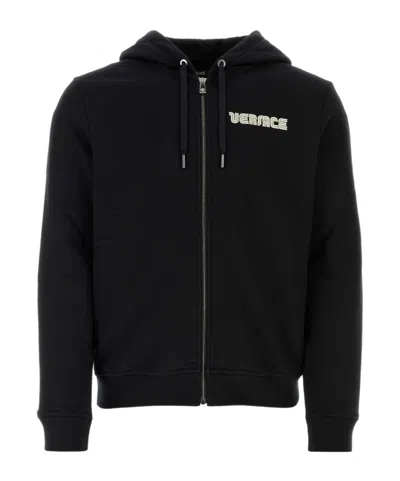 Versace Crystal-embellished Logo Zip-up Hoodie In Black