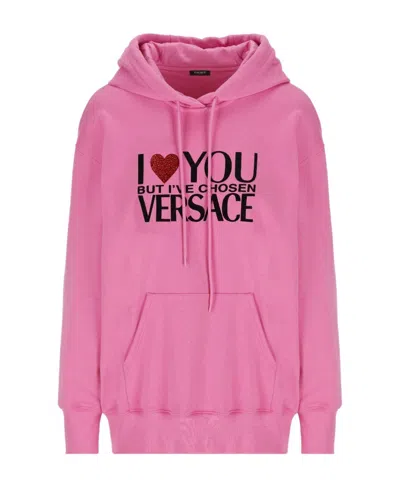 Versace Crystal-embellished Slogan Hoodie In Pink