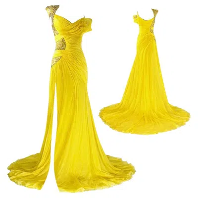 Pre-owned Versace Crystal Embellished Yellow Evening Gown Fall/winter 2018 Size 40it