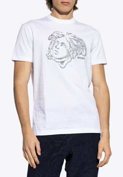 Versace Crystal Embroidered Medusa T-shirt In White
