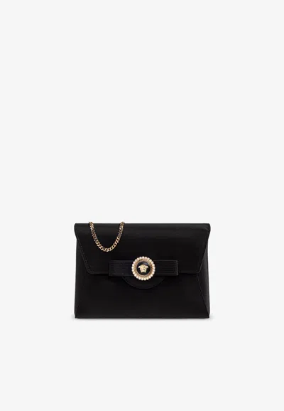 Versace Crystal Gianni Ribbon Satin Clutch Bag In Black+gold