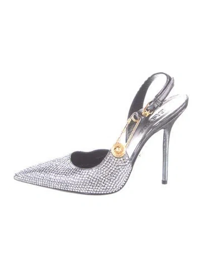 Pre-owned Versace Crystal Graphic Print Slingback Pumps In Silver