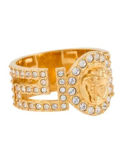Pre-owned Versace Crystal Greca Band Ring In Multi