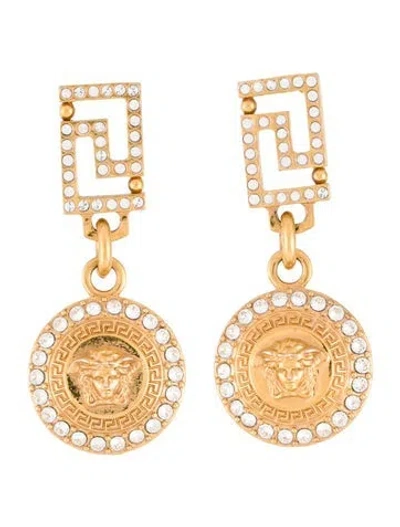Pre-owned Versace Crystal Greca Drop Earrings In Transparent