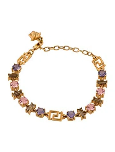 Pre-owned Versace Crystal Greca Link Bracelet, 8.25" In Multi