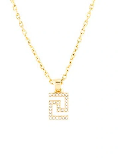 Pre-owned Versace Crystal Greca Pendant Necklace, 20" In Multi