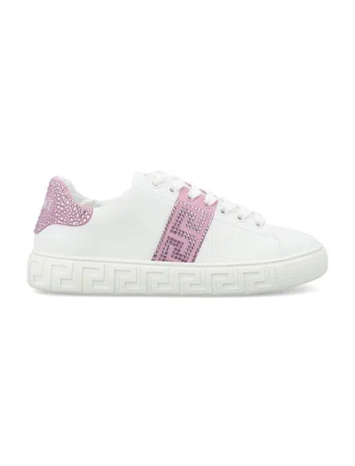 Versace Greca Crystal-embellished Leather Sneakers In White + Pink