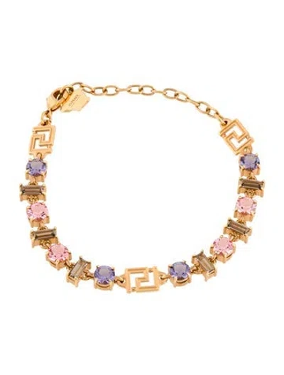 Pre-owned Versace Crystal Grecca Link Bracelet, 8.5" In Blue/green/pink