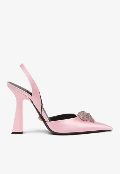 Versace Crystal La Medusa 105 Satin Slingback Pumps In Pink