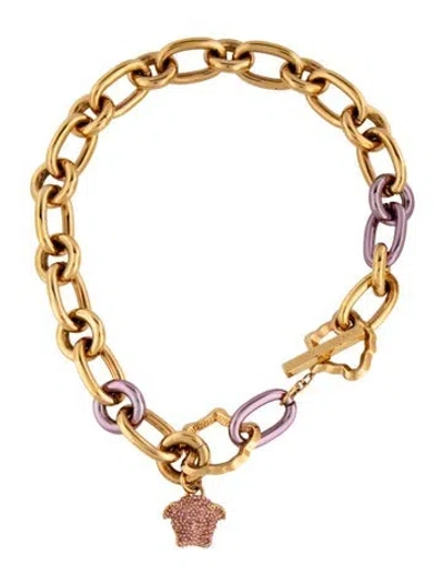 Pre-owned Versace Crystal 'la Medusa' Chain Choker Necklace, 16" In Pink