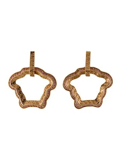 Pre-owned Versace Crystal La Medusa Curve Drop Earrings In Pink