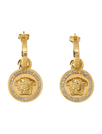 Versace Crystal La Medusa Greca Earrings In Gold Silver