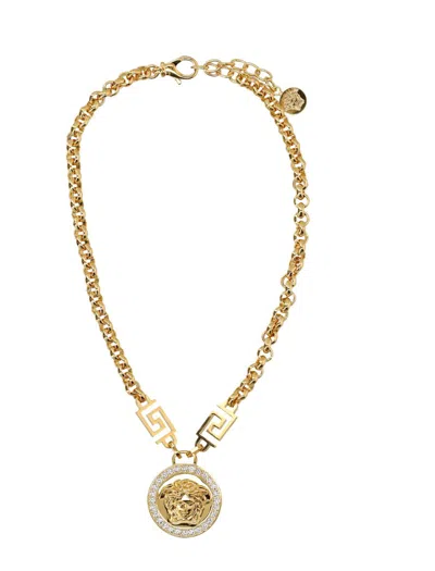 Versace Crystal La Medusa Greca Necklace In Gold