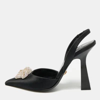 Pre-owned Versace Crystal La Medusa Size 35.5 Black Satin Slingback Pumps