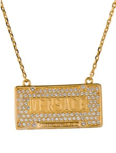 Pre-owned Versace Crystal License Plate Pendant Necklace, 23" In Multi