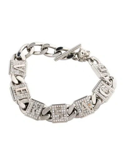 Pre-owned Versace Crystal Logo Chain Link Bracelet, 8.25" In Transparent