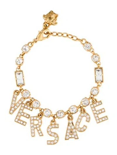 Pre-owned Versace Crystal Logo Charm Bracelet. In Multi
