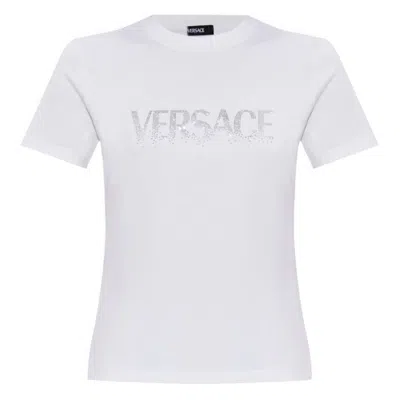 Versace Crystal Logo Fitted Cotton T-shirt In Multi