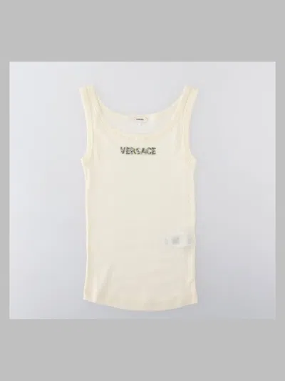 Versace Crystal Logo Virgin Wool Tank Top In Neutral