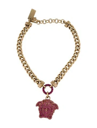 Pre-owned Versace Crystal Medusa Chain Pendant Necklace, 16.25" In Pink