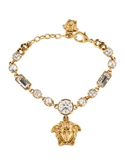 Pre-owned Versace Crystal Medusa Charm Bracelet, 7.25" In Transparent