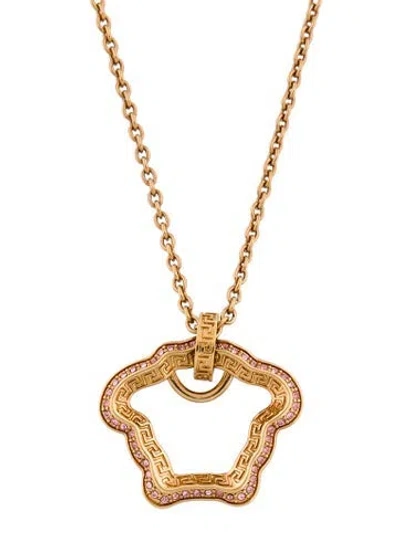 Pre-owned Versace Crystal Medusa Curve Pendant Necklace, 22" In Multi