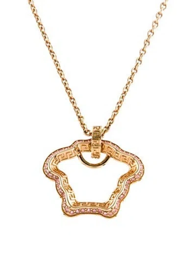 Pre-owned Versace Crystal Medusa Curve Pendant Necklace, 22.5" In Pink
