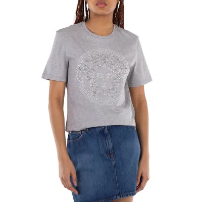 Versace Crystal Medusa Embellished T-shirt In Gray