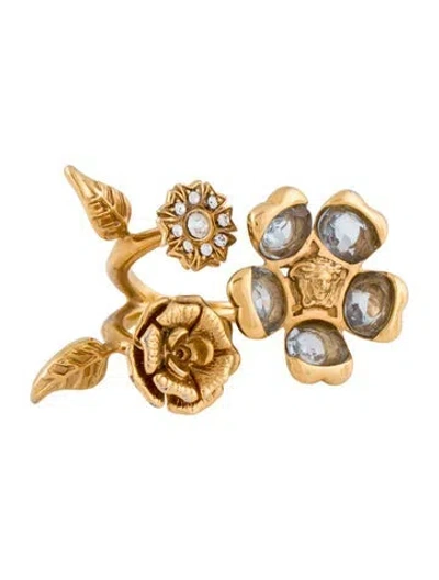 Pre-owned Versace Crystal Medusa Head Flower Cocktail Ring In Multi
