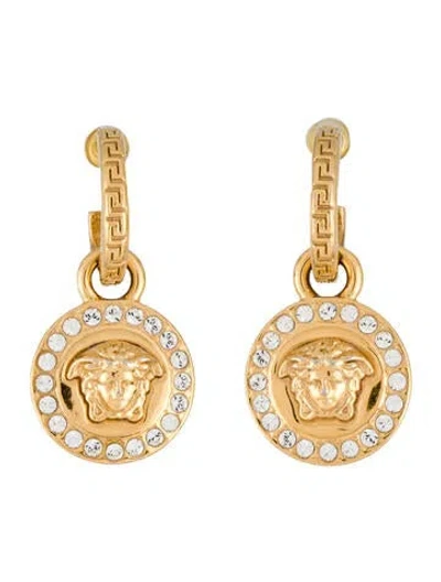 Pre-owned Versace Crystal Medusa Hoop Drop Earrings In Gold