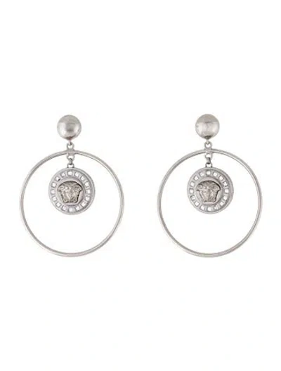 Pre-owned Versace Crystal Medusa Hoop Earrings In Clear