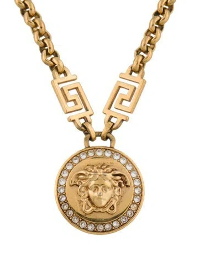 Pre-owned Versace Crystal Medusa Medallion Pendant Necklace, 18" In Transparent