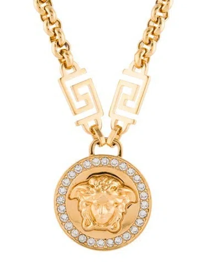 Pre-owned Versace Crystal Medusa Pendant Necklace, 19.25" In Transparent