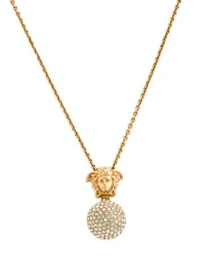 Pre-owned Versace Crystal Medusa Pendant Necklace, 22" In Clear