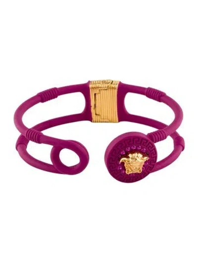 Pre-owned Versace Crystal Medusa Safety Pin Cuff Bracelet, 6" In Pink