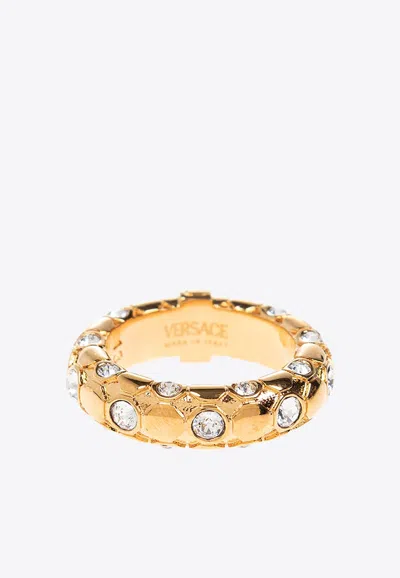 Versace Crystal Metal Mesh Ring In Gold